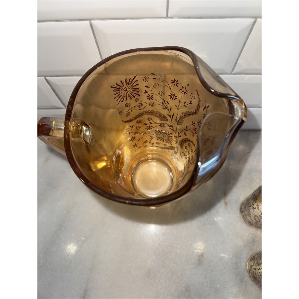 VtgJeanette Marigold Carnival Glass Cosmos Pitcher /6 Glasses 1950's MCMGW0051 - Picture 7 of 14